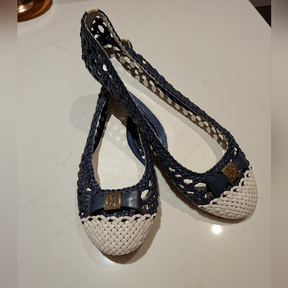 NWOT Tory Burch Women's Navy & White Ballet Flats - Carlyle Woven (Size US 6.5)